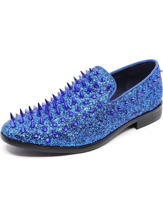 Metrocharm Men\'s Blue Sparkly Glitter Spike Sequin Tuxedo Loafer Slip On Shoes main image 7